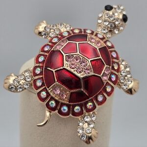 Turtle Crystal Red Enamel Pendant Necklace/Brooch w/Rhinestones Gold